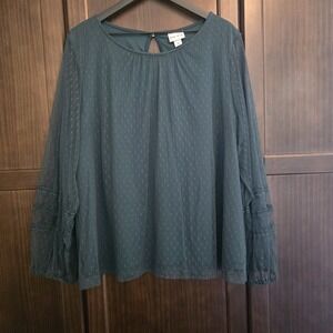 Ava & Viv Peasant Blouse Mesh Sheer Long Sleeve Jewel Green Royal Whimsigoth 2X